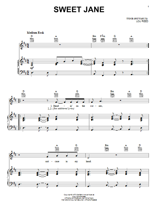 The Velvet Underground Sweet Jane sheet music notes and chords. Download Printable PDF.