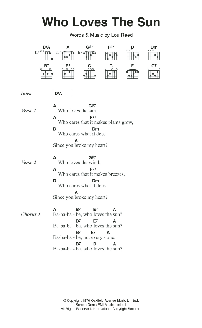 The Velvet Underground Who Loves The Sun sheet music notes and chords. Download Printable PDF.