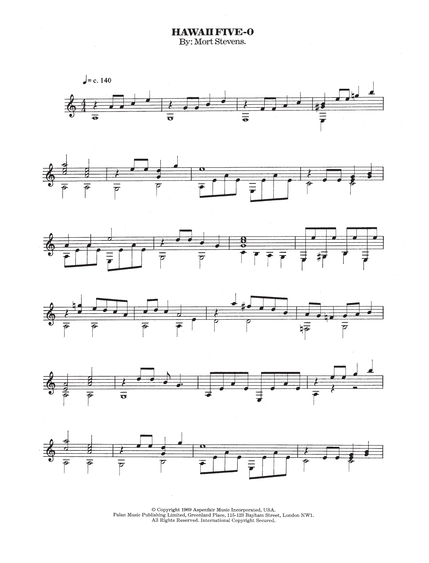 The Ventures Hawaii Five-O sheet music notes and chords arranged for Piano Solo