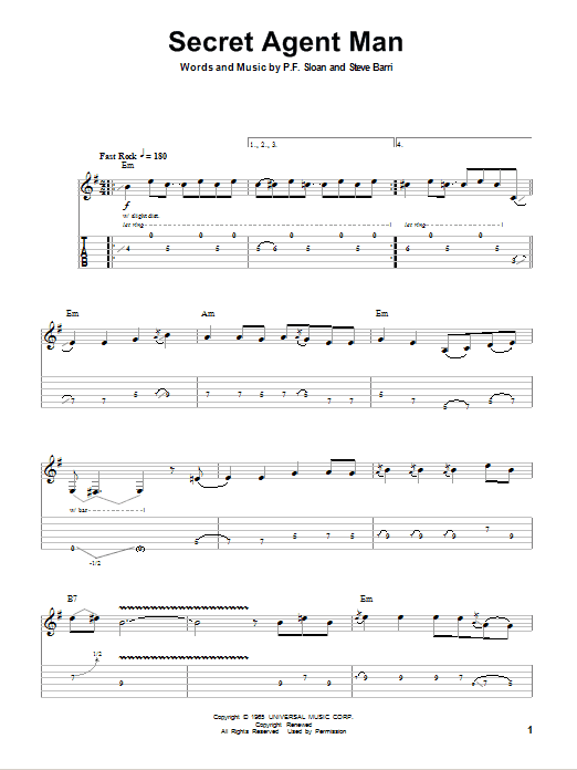 The Ventures Secret Agent Man sheet music notes and chords. Download Printable PDF.