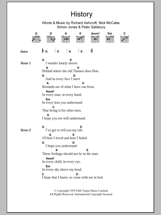 Learn to play The Verve History sheet music for Guitar Chords/Lyrics in minutes. Price: 4.4900$ The Verve History sheet music notes and chords arranged for Guitar Chords/Lyrics