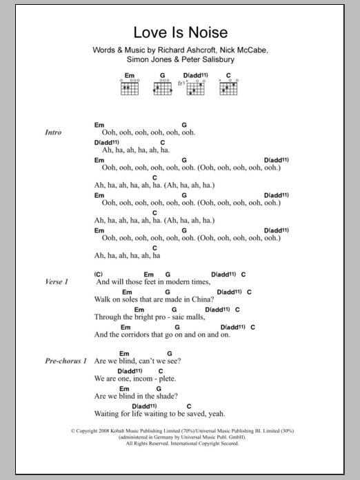 The Verve Love Is Noise sheet music notes and chords arranged for Piano, Vocal & Guitar Chords