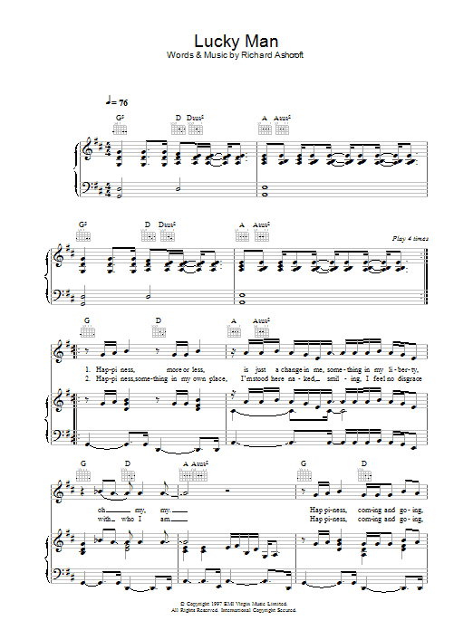 The Verve Lucky Man sheet music notes and chords. Download Printable PDF.