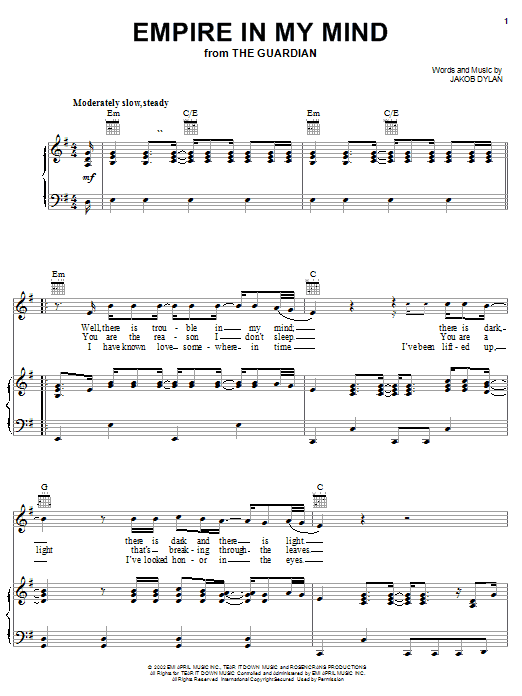 Learn to play The Wallflowers Empire In My Mind (from The Guardian) sheet music for Piano, Vocal & Guitar Chords (Right-Hand Melody) in minutes. Price: 7.8900$ The Wallflowers Empire In My Mind (from The Guardian) sheet music notes and chords arranged for Piano, Vocal & Guitar Chords (Right-Hand Melody)