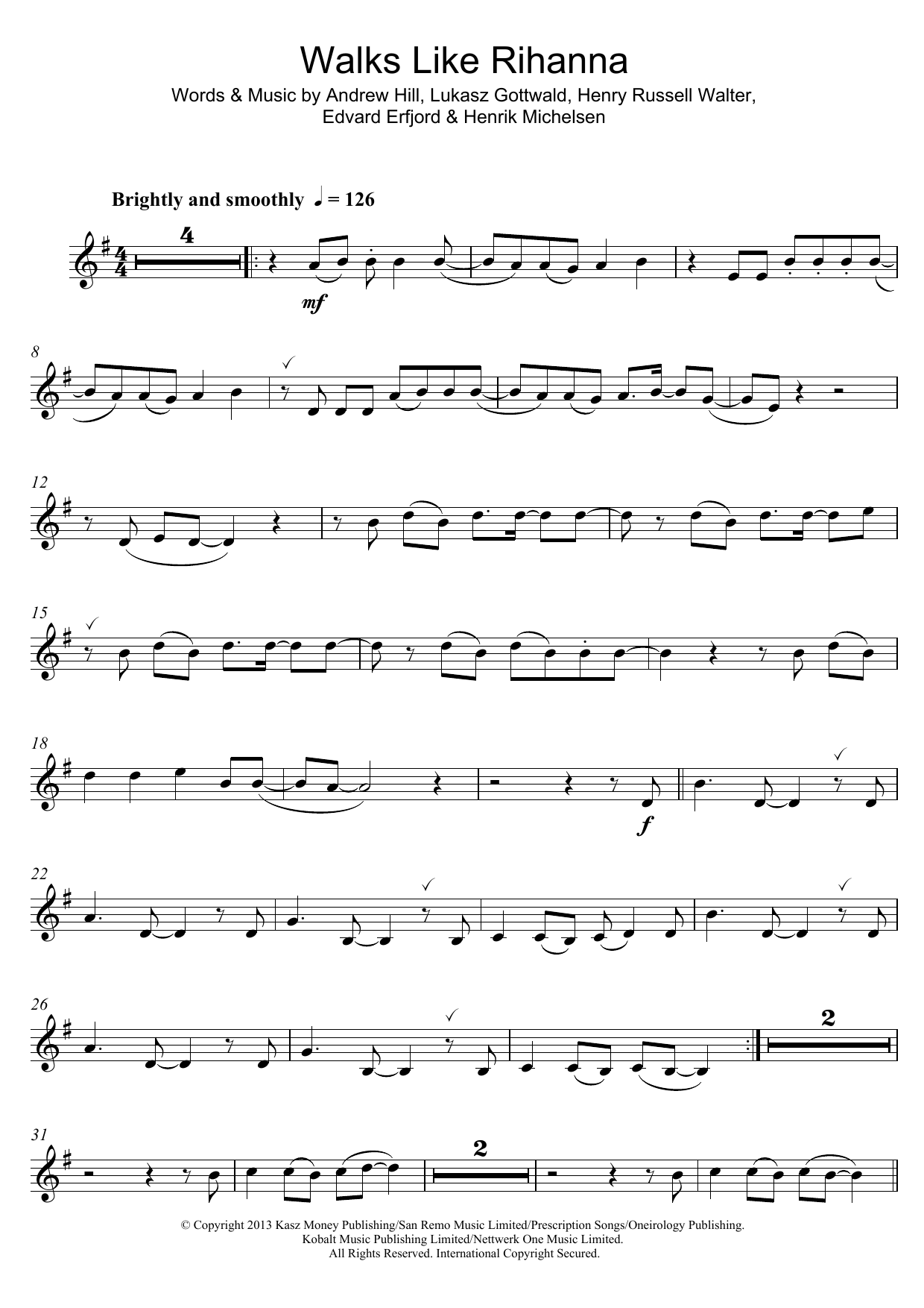 The Wanted Walks Like Rihanna sheet music notes and chords arranged for Clarinet Solo