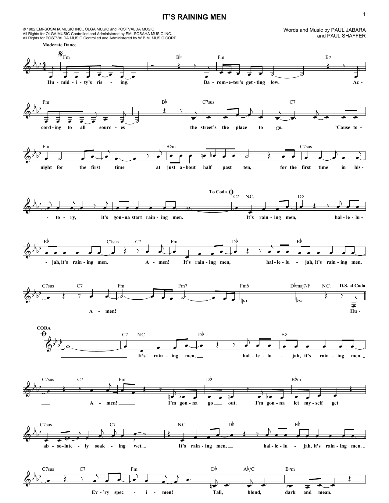 The Weather Girls It's Raining Men sheet music notes and chords. Download Printable PDF.