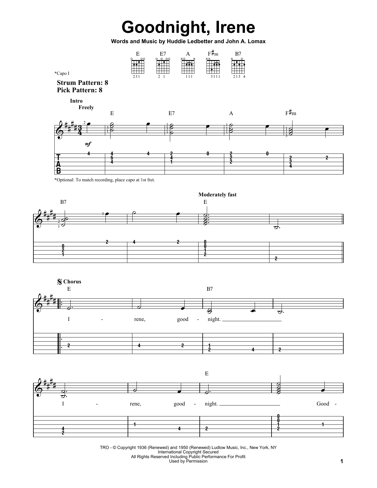 The Weavers Goodnight, Irene sheet music notes and chords. Download Printable PDF.