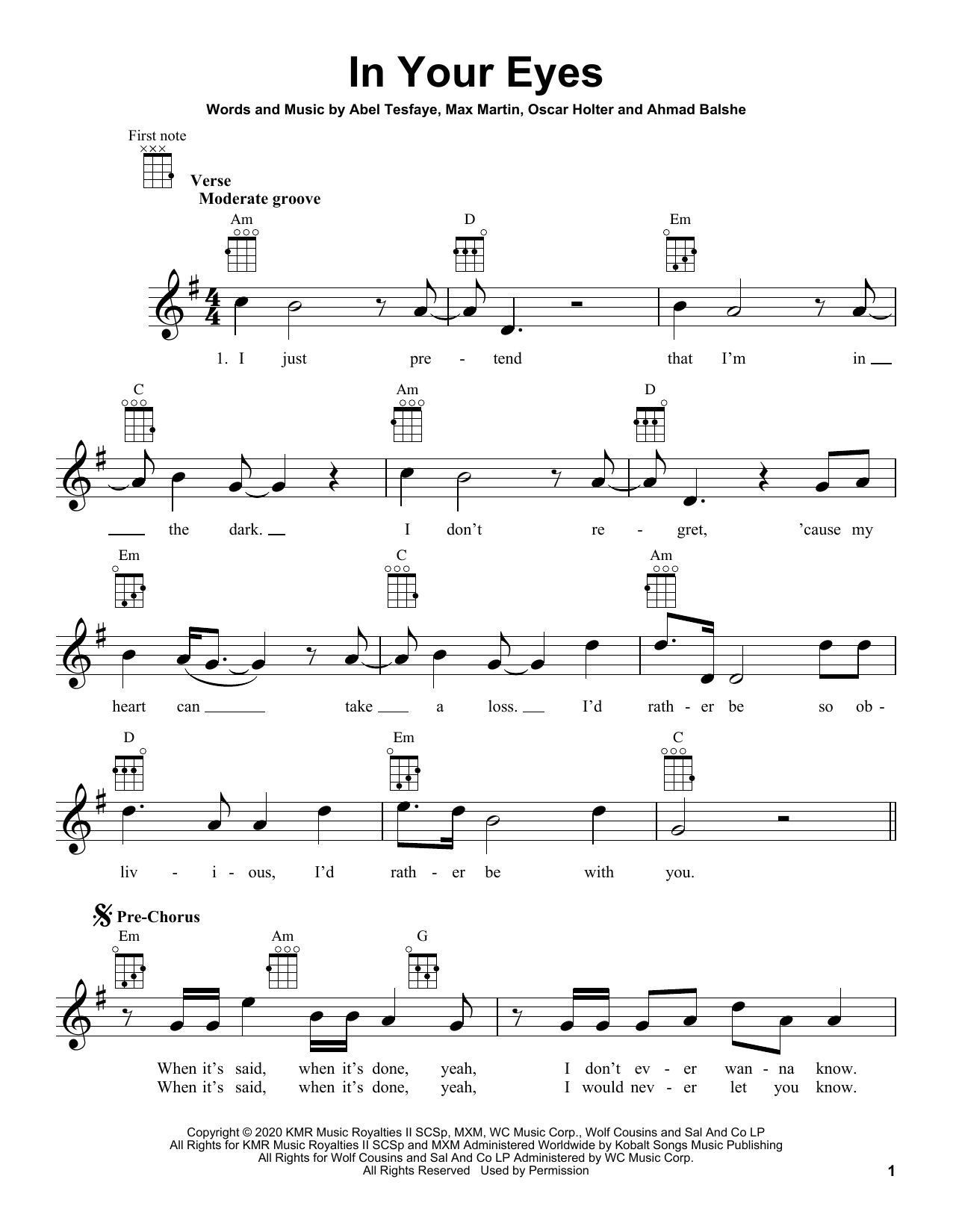 The Weeknd In Your Eyes sheet music notes and chords arranged for Piano, Vocal & Guitar Chords (Right-Hand Melody)