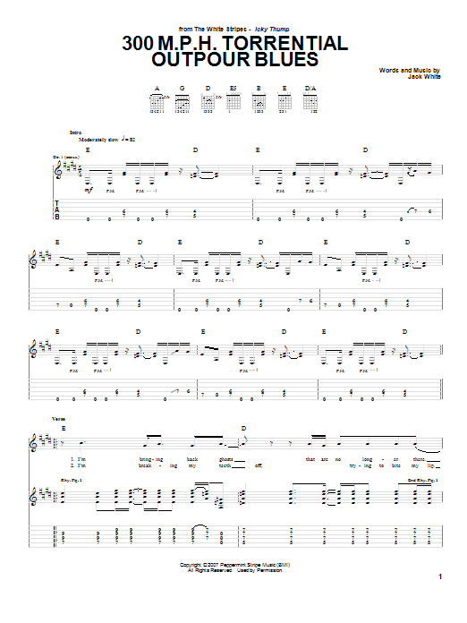 Learn to play The White Stripes 300 MPH Torrential Outpour Blues sheet music for Guitar Tab in minutes. Price: 7.8900$ The White Stripes 300 MPH Torrential Outpour Blues sheet music notes and chords arranged for Guitar Tab
