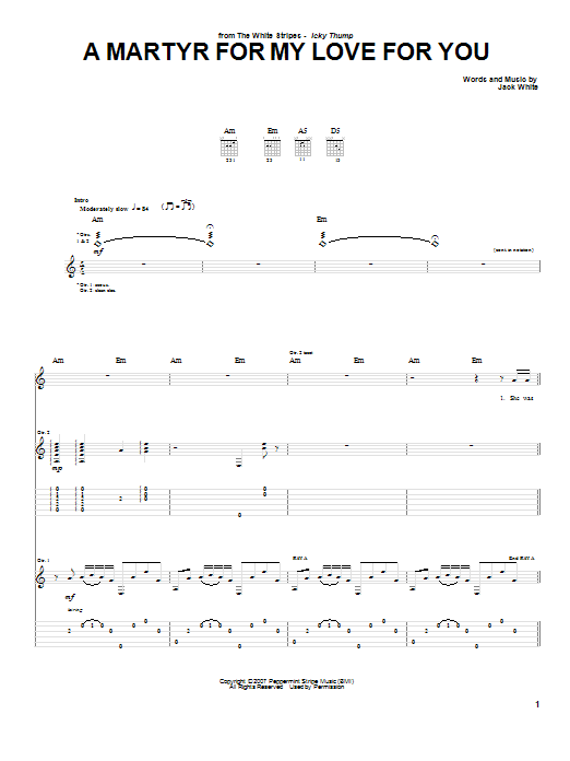 Learn to play The White Stripes A Martyr For My Love For You sheet music for Guitar Tab in minutes. Price: 7.8900$ The White Stripes A Martyr For My Love For You sheet music notes and chords arranged for Guitar Tab