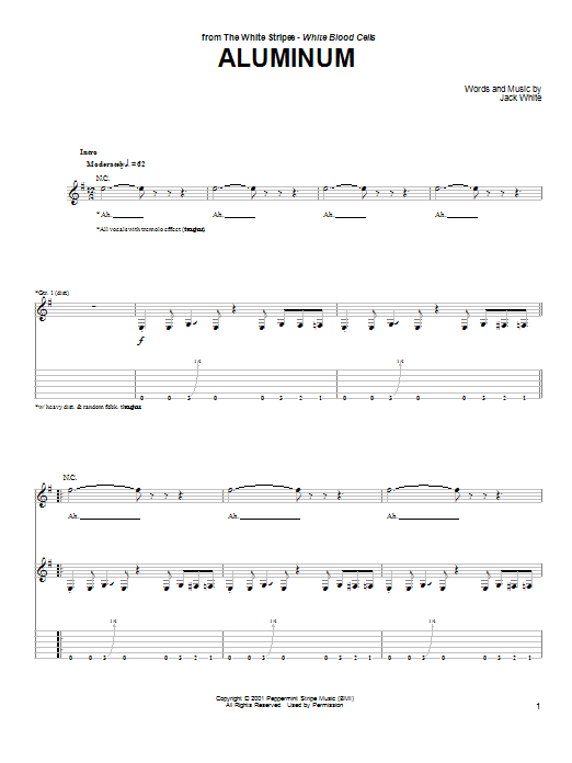 Learn to play The White Stripes Aluminum sheet music for Guitar Tab in minutes. Price: 7.8900$ The White Stripes Aluminum sheet music notes and chords arranged for Guitar Tab