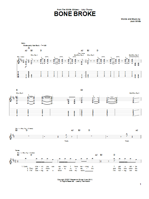 The White Stripes Bone Broke sheet music notes and chords arranged for Guitar Tab