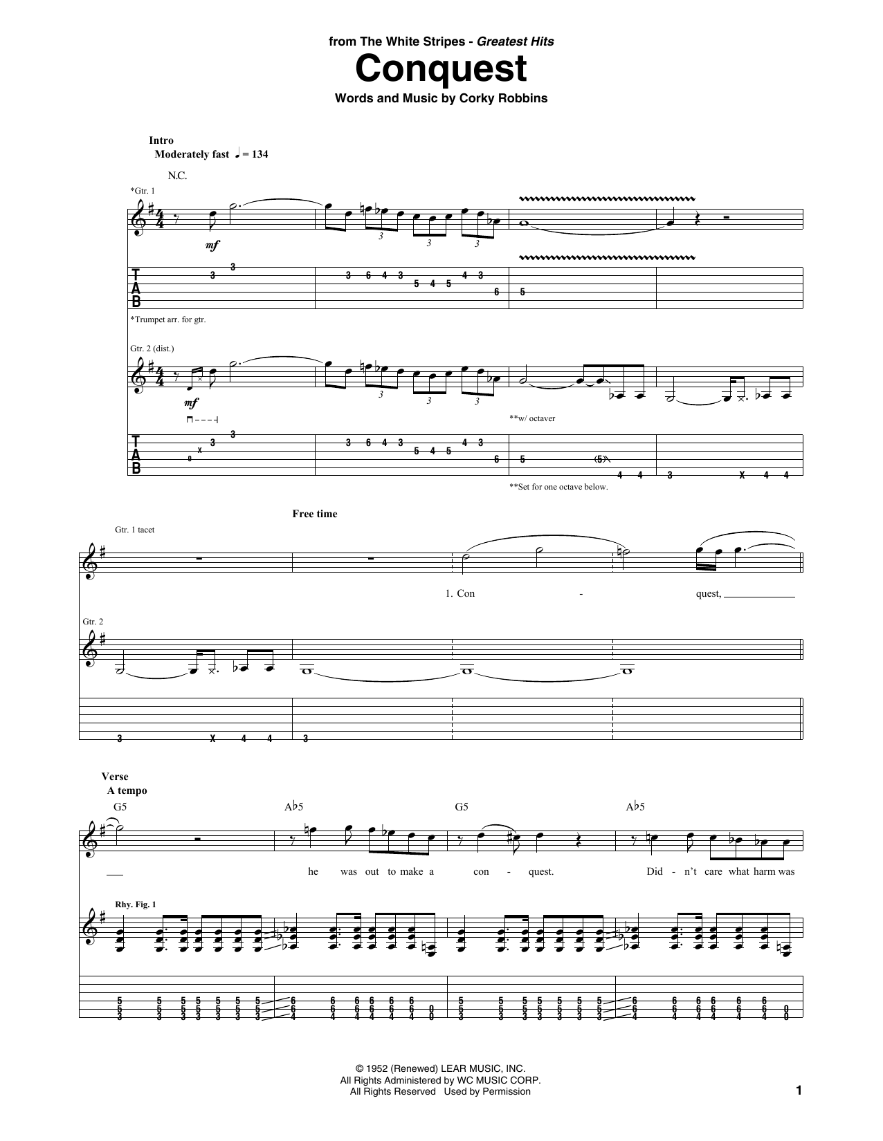 Learn to play The White Stripes Conquest sheet music for Guitar Tab in minutes. Price: 7.8900$ The White Stripes Conquest sheet music notes and chords arranged for Guitar Tab