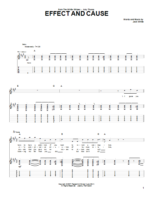 Learn to play The White Stripes Effect And Cause sheet music for Guitar Tab in minutes. Price: 7.8900$ The White Stripes Effect And Cause sheet music notes and chords arranged for Guitar Tab