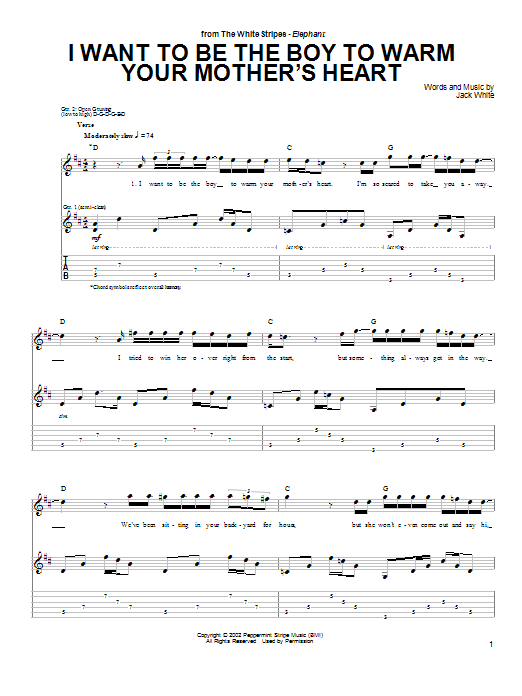 Learn to play The White Stripes I Want To Be The Boy To Warm Your Mother's Heart sheet music for Guitar Tab in minutes. Price: 7.8900$ The White Stripes I Want To Be The Boy To Warm Your Mother's Heart sheet music notes and chords arranged for Guitar Tab