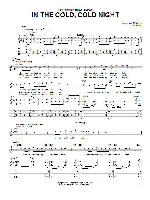 Learn to play The White Stripes In The Cold, Cold Night sheet music for Guitar Tab in minutes. Price: 7.8900$ The White Stripes In The Cold, Cold Night sheet music notes and chords arranged for Guitar Tab