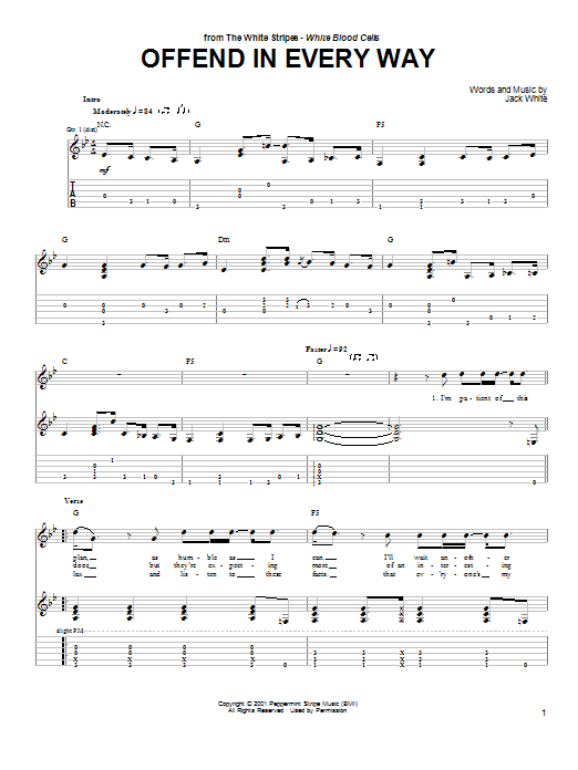 Learn to play The White Stripes Offend In Every Way sheet music for Guitar Tab in minutes. Price: 7.8900$ The White Stripes Offend In Every Way sheet music notes and chords arranged for Guitar Tab