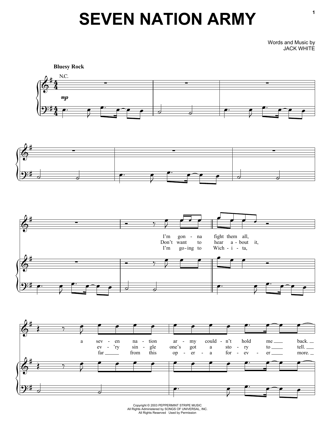 The White Stripes Seven Nation Army sheet music notes and chords arranged for Piano, Vocal & Guitar Chords (Right-Hand Melody)