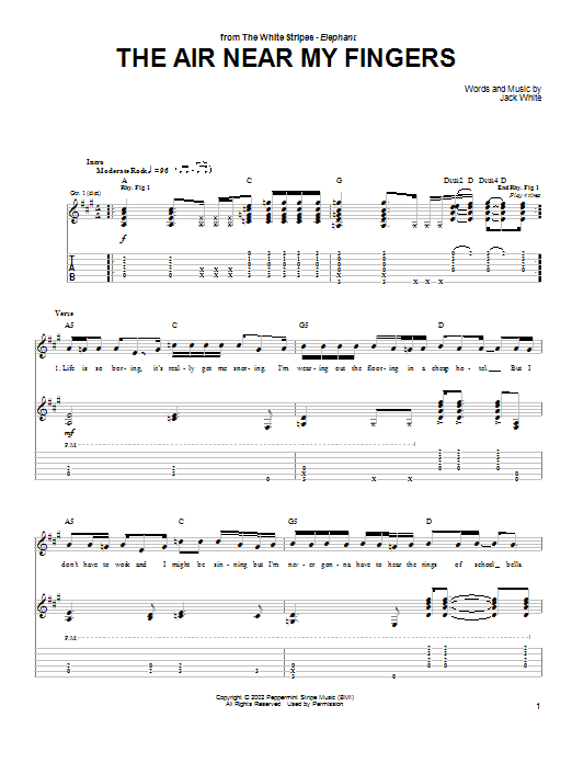 Learn to play The White Stripes The Air Near My Fingers sheet music for Guitar Tab in minutes. Price: 7.8900$ The White Stripes The Air Near My Fingers sheet music notes and chords arranged for Guitar Tab