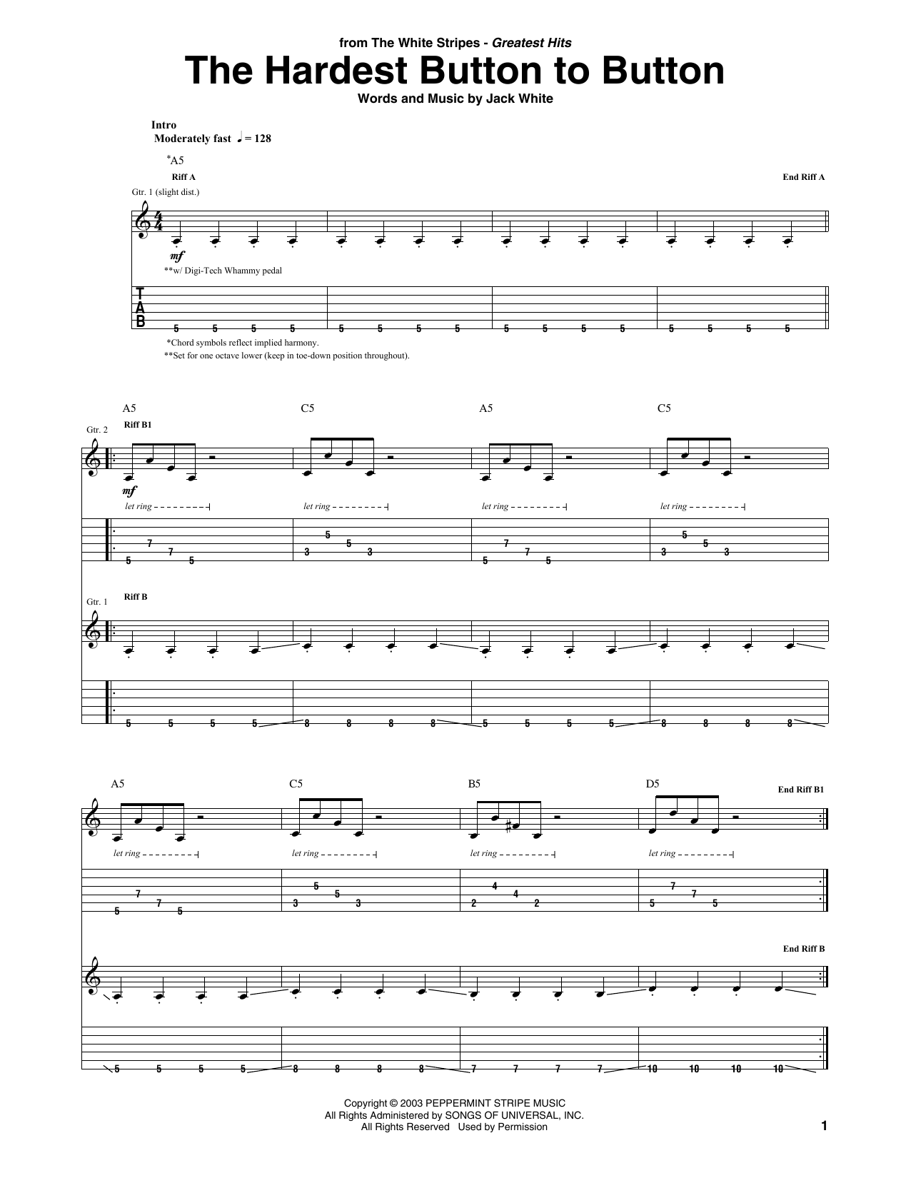Learn to play The White Stripes The Hardest Button To Button sheet music for Guitar Tab in minutes. Price: 7.8900$ The White Stripes The Hardest Button To Button sheet music notes and chords arranged for Guitar Tab