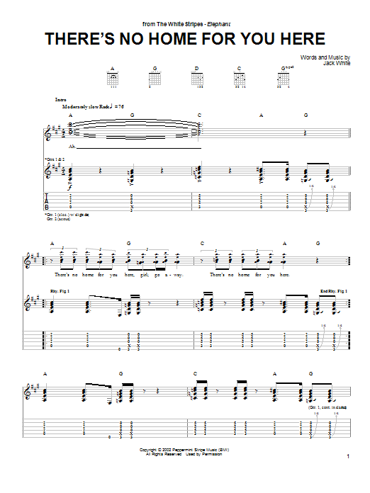 Learn to play The White Stripes There's No Home For You Here sheet music for Guitar Tab in minutes. Price: 7.8900$ The White Stripes There's No Home For You Here sheet music notes and chords arranged for Guitar Tab