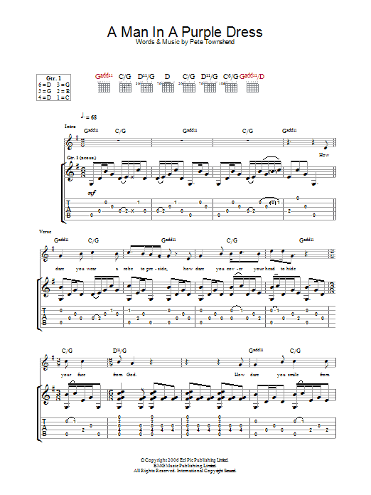 Learn to play The Who A Man In A Purple Dress sheet music for Guitar Tab in minutes. Price: 7.8900$ The Who A Man In A Purple Dress sheet music notes and chords arranged for Guitar Tab