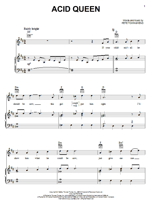 The Who Acid Queen sheet music notes and chords arranged for Piano, Vocal & Guitar Chords (Right-Hand Melody)