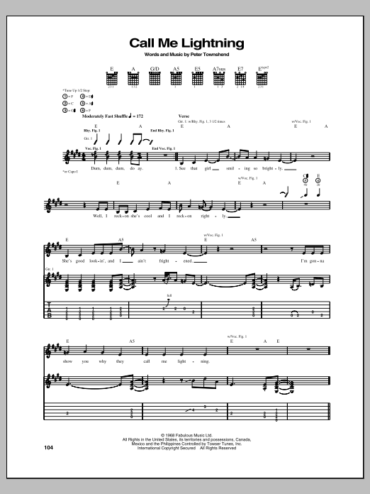 Learn to play The Who Call Me Lightning sheet music for Guitar Tab in minutes. Price: 7.8900$ The Who Call Me Lightning sheet music notes and chords arranged for Guitar Tab