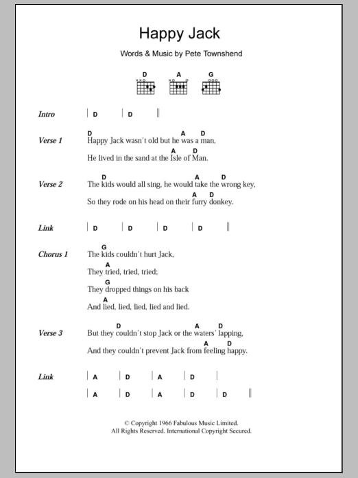 The Who Happy Jack sheet music notes and chords arranged for Piano, Vocal & Guitar Chords (Right-Hand Melody)