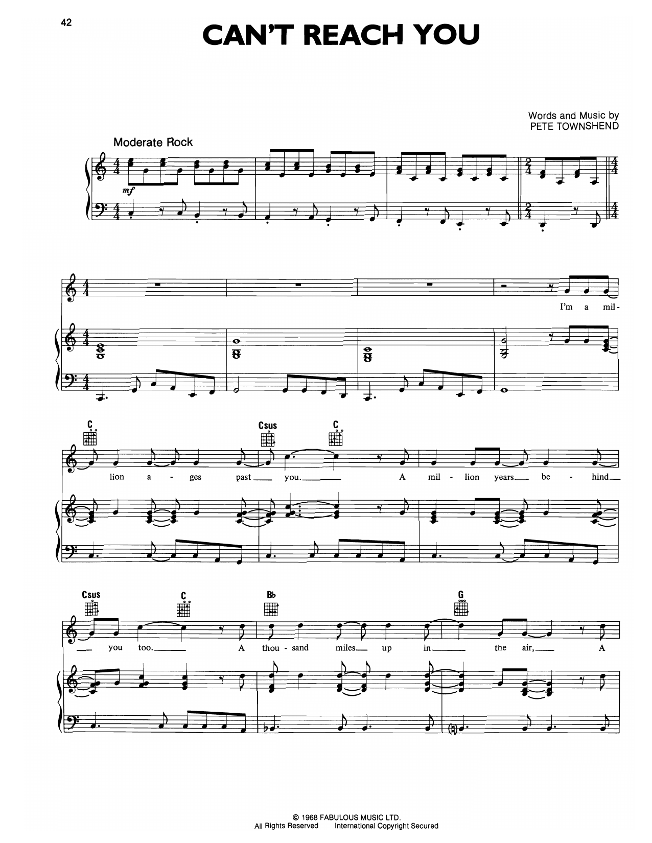 The Who I Can't Reach You sheet music notes and chords arranged for Piano, Vocal & Guitar Chords (Right-Hand Melody)