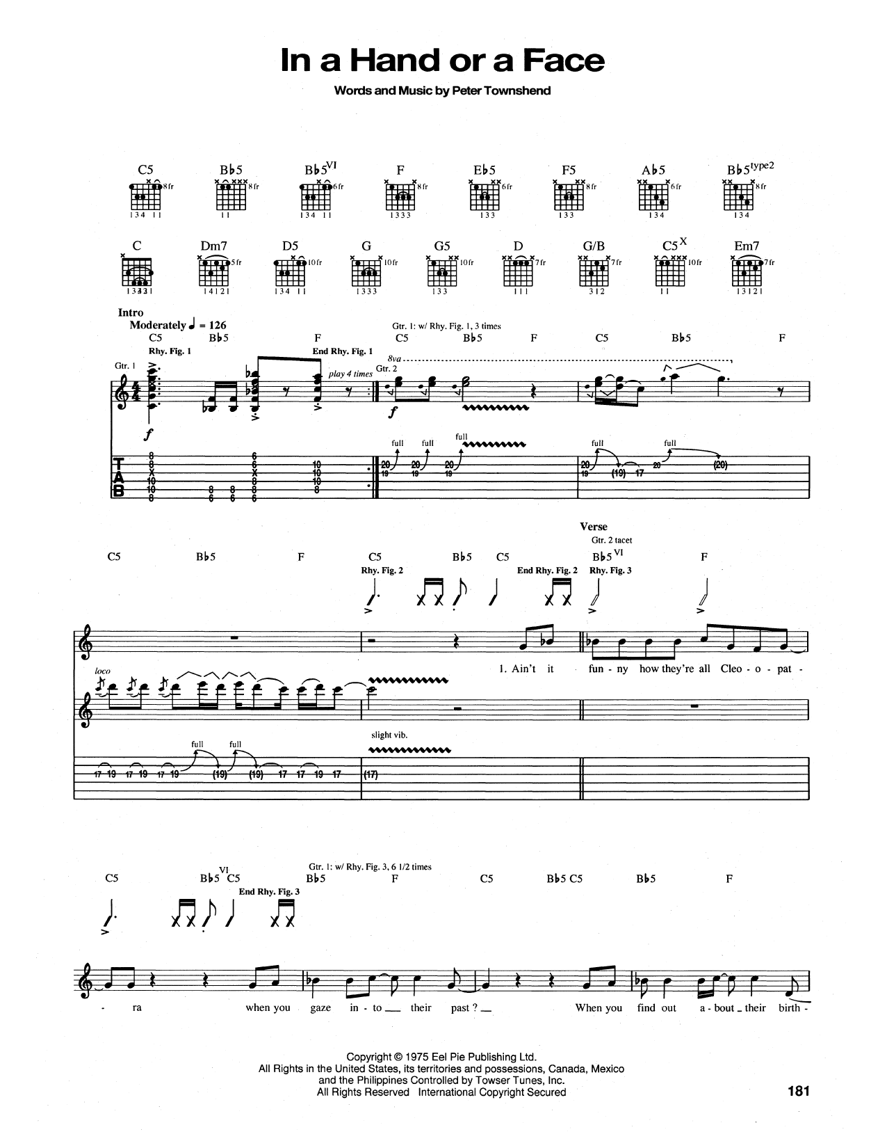 Learn to play The Who In A Hand Or A Face sheet music for Guitar Tab in minutes. Price: 7.8900$ The Who In A Hand Or A Face sheet music notes and chords arranged for Guitar Tab