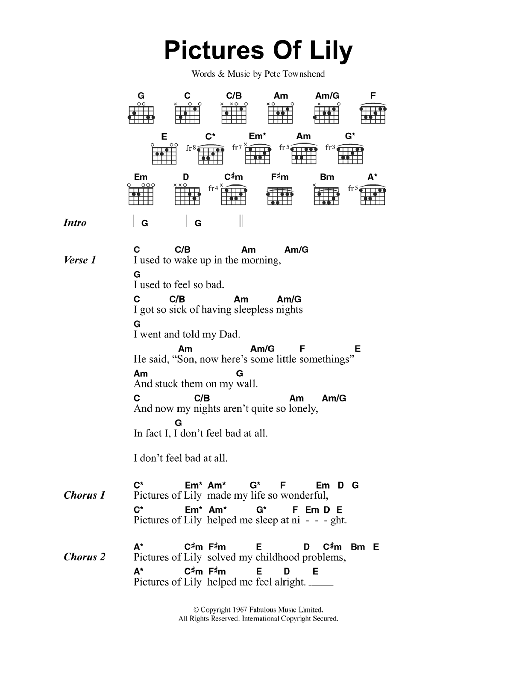 The Who Pictures Of Lily sheet music notes and chords arranged for Piano, Vocal & Guitar Chords (Right-Hand Melody)