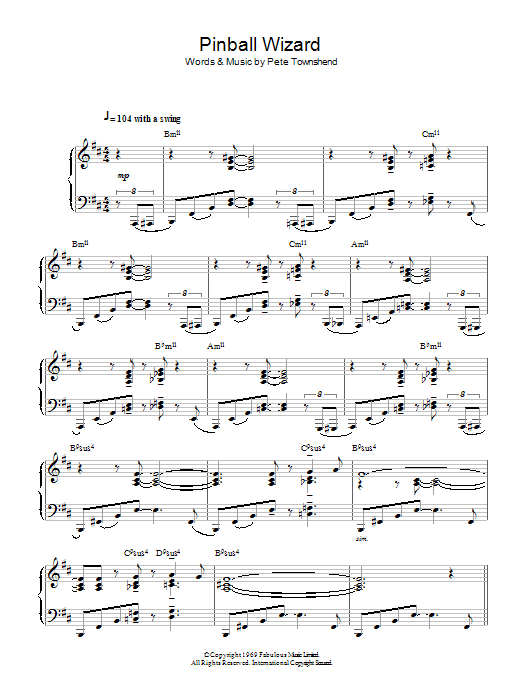 The Who Pinball Wizard (jazz version) sheet music notes and chords arranged for Piano Solo