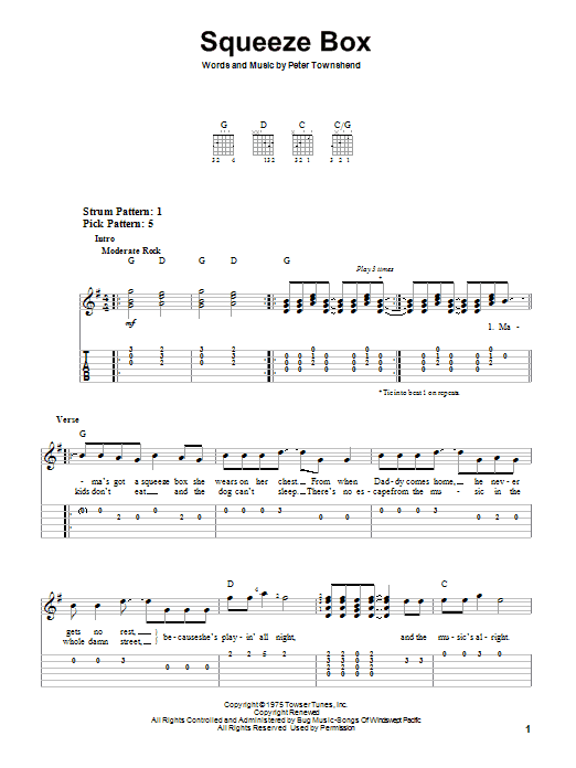 The Who Squeeze Box sheet music notes and chords. Download Printable PDF.