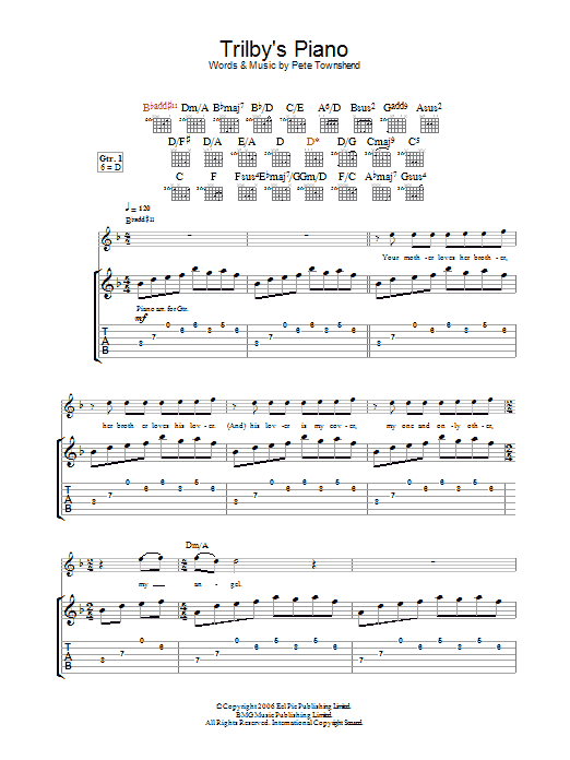 Learn to play The Who Trilby's Piano sheet music for Guitar Tab in minutes. Price: 7.8900$ The Who Trilby's Piano sheet music notes and chords arranged for Guitar Tab