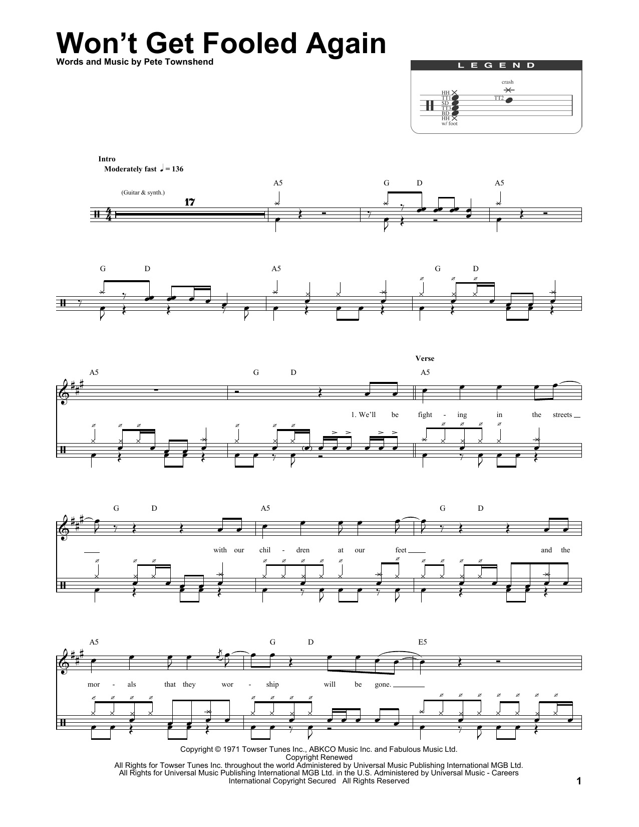 The Who Won't Get Fooled Again sheet music notes and chords. Download Printable PDF.