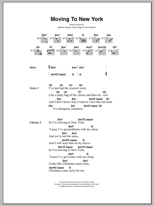 The Wombats Moving To New York sheet music notes and chords arranged for Piano, Vocal & Guitar Chords