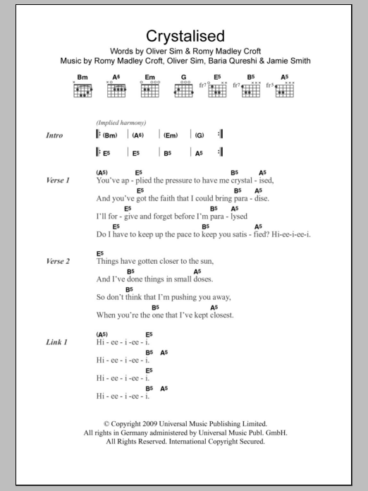 The XX Crystalised sheet music notes and chords arranged for Piano, Vocal & Guitar Chords