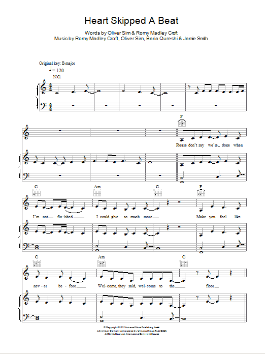 The XX Heart Skipped A Beat sheet music notes and chords arranged for Piano, Vocal & Guitar Chords