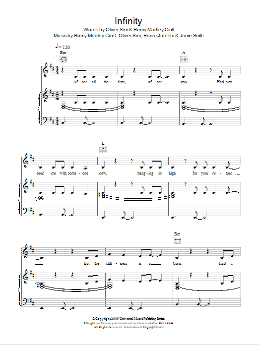 The XX Infinity sheet music notes and chords arranged for Piano, Vocal & Guitar Chords