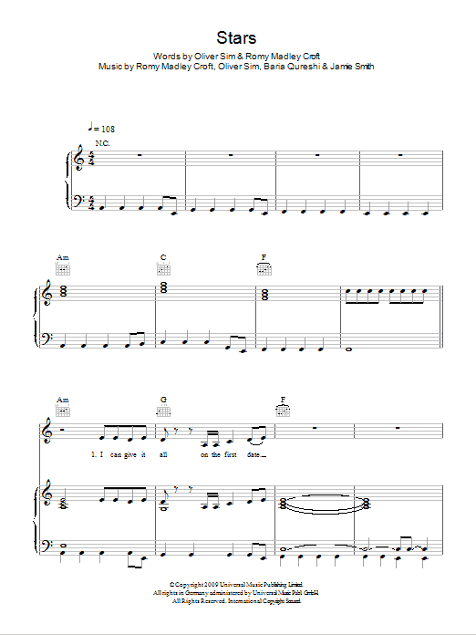 The XX Stars sheet music notes and chords arranged for Piano, Vocal & Guitar Chords