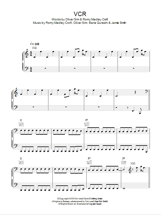 The XX VCR sheet music notes and chords arranged for Piano, Vocal & Guitar Chords