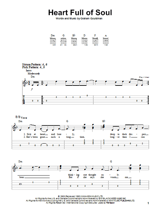 The Yardbirds Heart Full Of Soul sheet music notes and chords. Download Printable PDF.