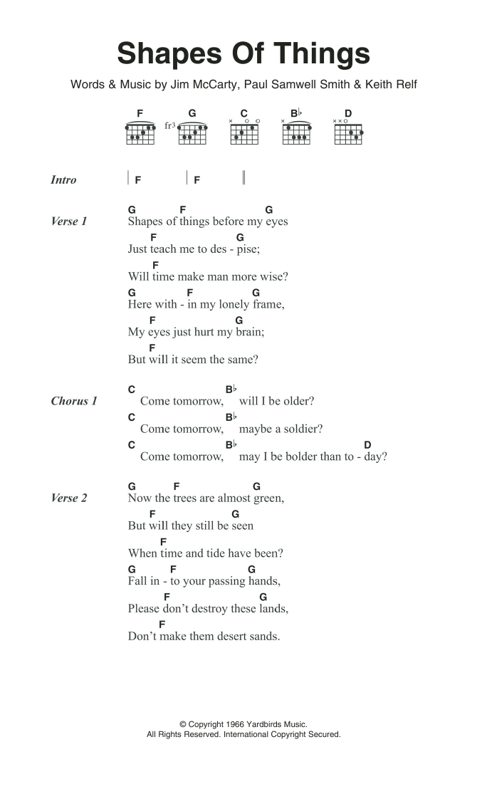 The Yardbirds Shapes Of Things sheet music notes and chords arranged for Guitar Chords/Lyrics