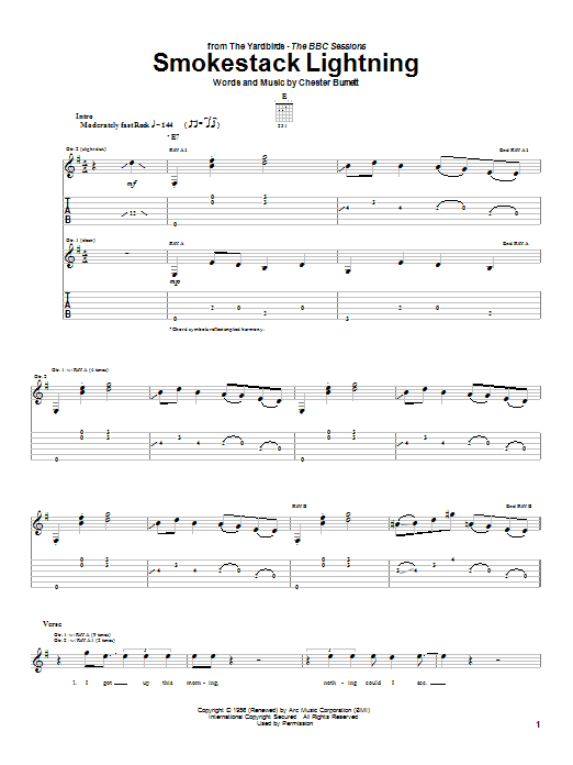 Learn to play The Yardbirds Smokestack Lightning sheet music for Guitar Tab in minutes. Price: 7.8900$ The Yardbirds Smokestack Lightning sheet music notes and chords arranged for Guitar Tab