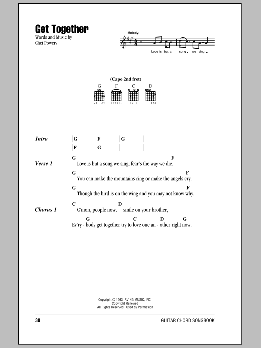 The Youngbloods Get Together sheet music notes and chords arranged for Guitar Chords/Lyrics