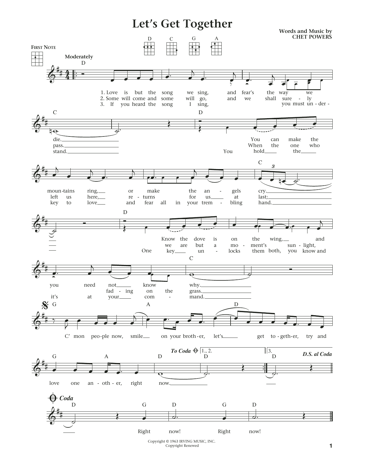 Learn to play The Youngbloods Let's Get Together (Get Together) (from The Daily Ukulele) (arr. Liz and Jim Beloff) sheet music for Ukulele in minutes. Price: 5.9900$ The Youngbloods Let's Get Together (Get Together) (from The Daily Ukulele) (arr. Liz and Jim Beloff) sheet music notes and chords arranged for Ukulele