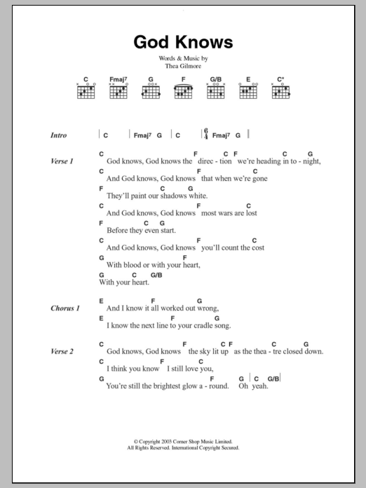 Thea Gilmore God Knows sheet music notes and chords. Download Printable PDF.