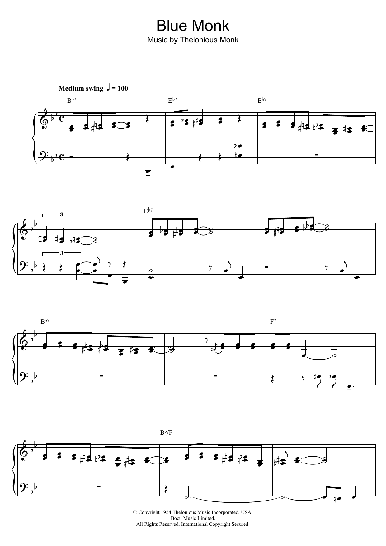 Thelonious Monk Blue Monk sheet music notes and chords arranged for Piano Solo