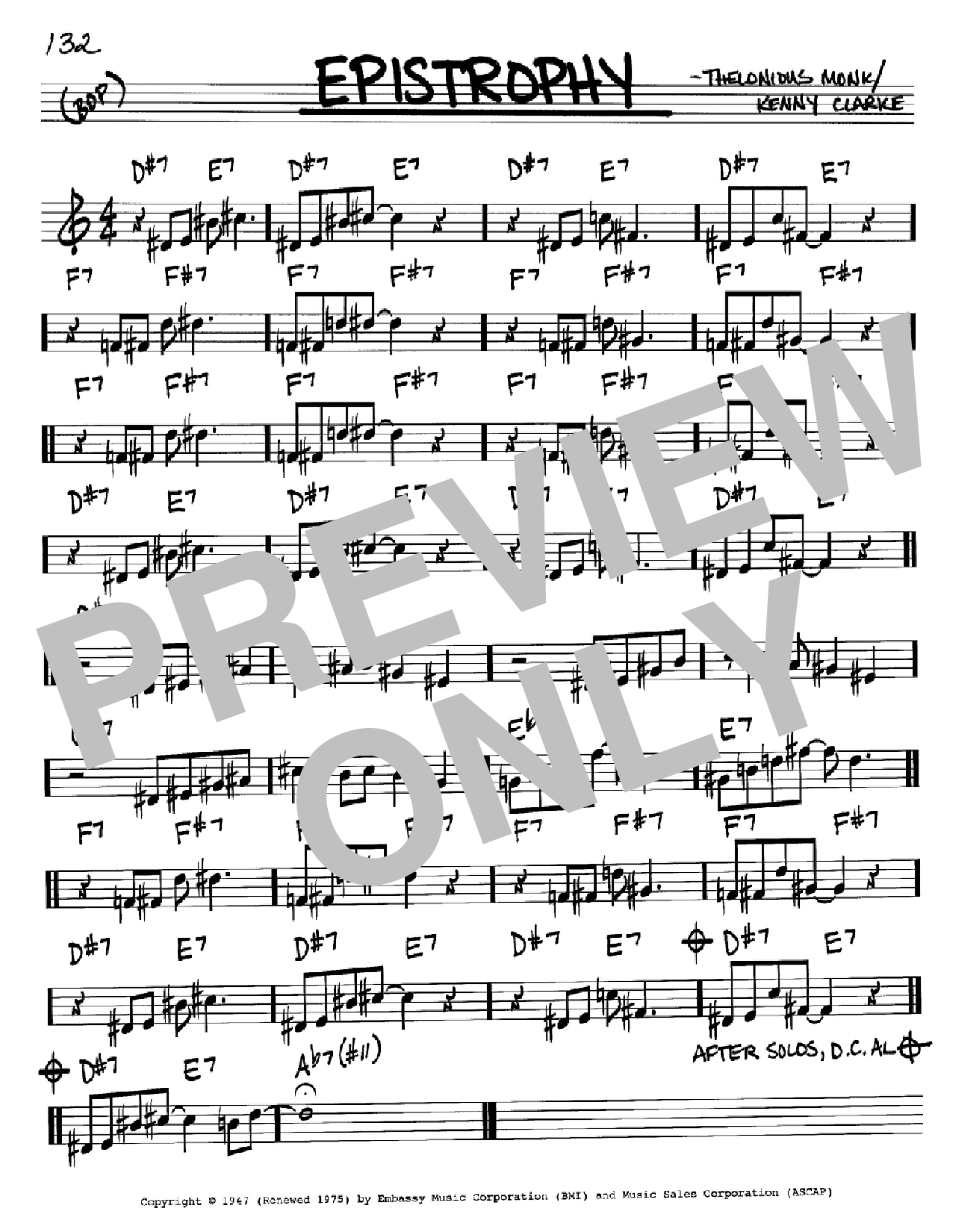 Thelonious Monk Epistrophy sheet music notes and chords arranged for Real Book – Melody & Chords – Bb Instruments